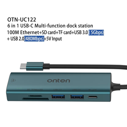 Onten UC122 6 in 1 USB-C / Type-C to SD + TF Card + USB 3.0 HUB with 5V Input & 100Mbps Network Card, UC122