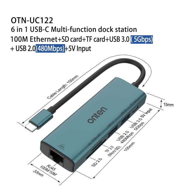 Onten UC122 6 in 1 USB-C / Type-C to SD + TF Card + USB 3.0 HUB with 5V Input & 100Mbps Network Card, UC122