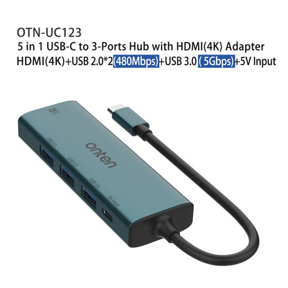 Onten UC123 5 in 1 USB-C / Type-C to HDMI + USB3.0 HUB Docking Station with 5V Input, UC123