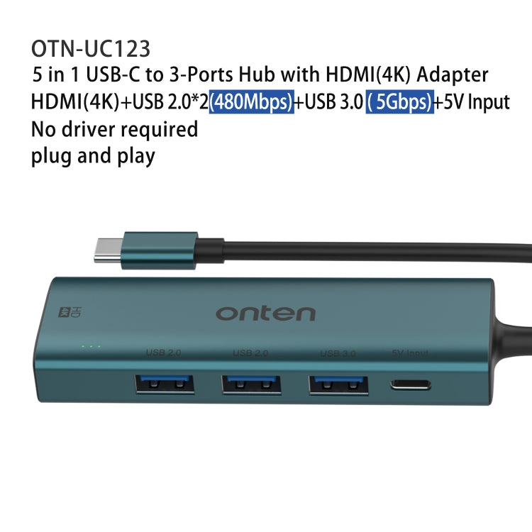 Onten UC123 5 in 1 USB-C / Type-C to HDMI + USB3.0 HUB Docking Station with 5V Input, UC123
