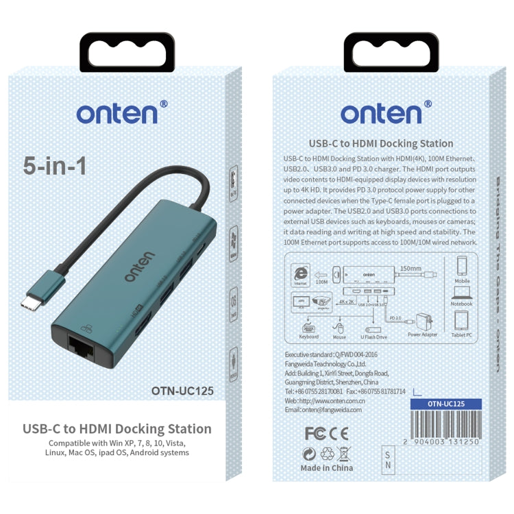 Onten UC125 5 in 1 USB-C / Type-C to HDMI+USB3.0+PD3.0 Multi-function HUB with 100Mbps Network Card, UC125