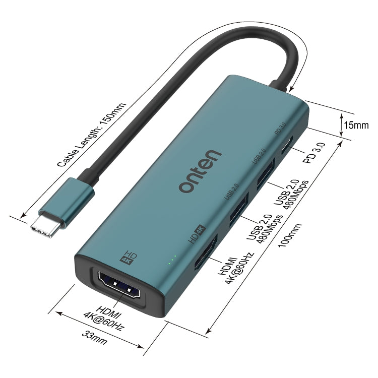 Onten UC126 5 in 1 USB-C / Type-C to Dual HDM I+ USB2.0 + PD3.0 Multi-function HUB Docking Station, UC126