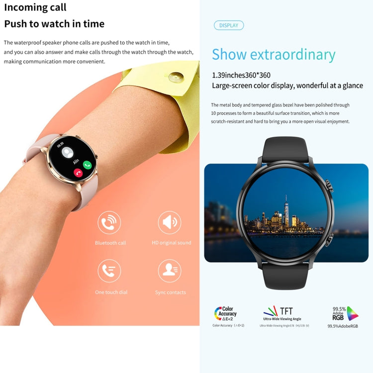 Montre connectée sport QS40 1,39 pouces BT5.2, prend en charge les appels Bluetooth / le suivi du sommeil / de l'oxygène sanguin / de la température / de la fréquence cardiaque / de la tension artérielle