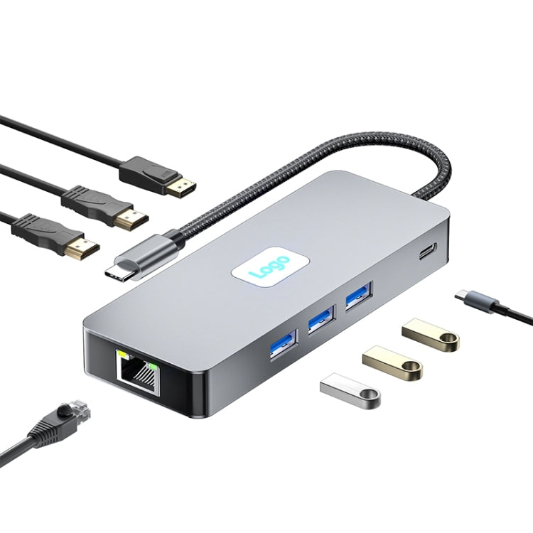 BYL-2401 8 in 1 Type-C to PD100W + USB3.0 + HDMI + DP + RJ45 HUB Docking Station, BYL-2401