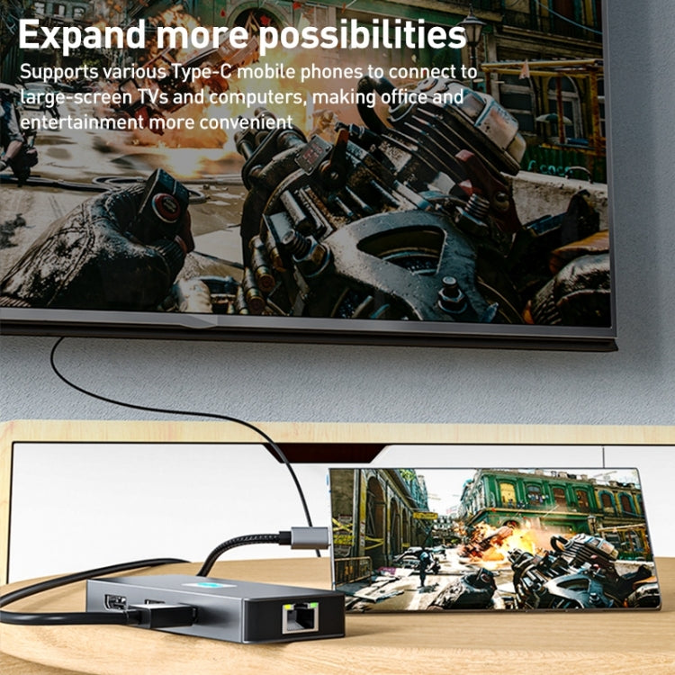 BYL-2401 8 in 1 Type-C to PD100W + USB3.0 + HDMI + DP + RJ45 HUB Docking Station, BYL-2401