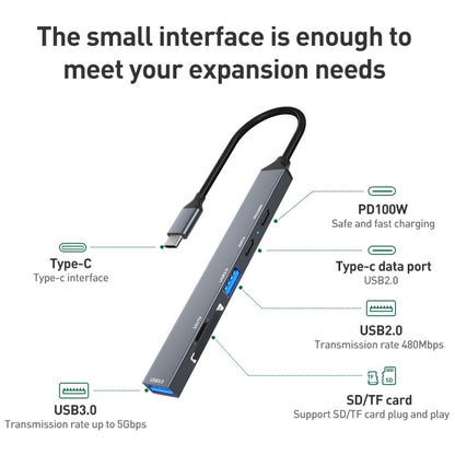 ADS-807 PD100 6 in 1 Type-C to PD100W + USB3.0 + USB2.0 + SD/TF HUB Docking Station, ADS-807
