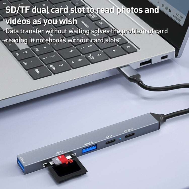 ADS-807 PD100 6 in 1 Type-C to PD100W + USB3.0 + USB2.0 + SD/TF HUB Docking Station, ADS-807