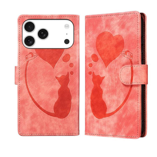 Pen Heart Cat Embossed Leather Phone Case, For iPhone 17 Pro Max, For iPhone 17 Pro, For iPhone 17, For iPhone Air, For iPhone 15 Pro Max, For iPhone 15 Pro, For iPhone 15 Plus, For iPhone 15, For iPhone 14 Plus, For iPhone 14, For iPhone 14 Pro