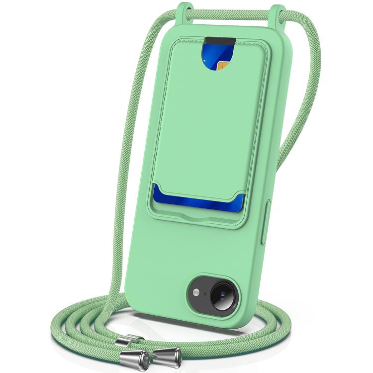 Integrated Card Bag Solid Color Liquid Silicone Phone Case with Lanyard, For iPhone 17e / 16e, For iPhone 17 Pro Max, For iPhone 17 Pro, For iPhone 17, For iPhone Air, For iPhone 16 Pro Max, For iPhone 16 Pro, For iPhone 16 Plus, For iPhone 16         ...
