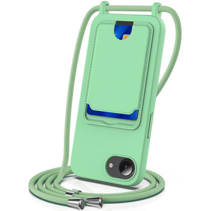 Integrated Card Bag Solid Color Liquid Silicone Phone Case with Lanyard, For iPhone 17e / 16e, For iPhone 17 Pro Max, For iPhone 17 Pro, For iPhone 17, For iPhone Air, For iPhone 16 Pro Max, For iPhone 16 Pro, For iPhone 16 Plus, For iPhone 16         ...