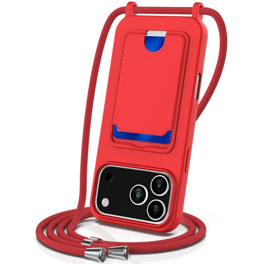 Integrated Card Bag Solid Color Liquid Silicone Phone Case with Lanyard, For iPhone 18 Pro / 17 Pro, For iPhone 18 Pro Max / 17 Pro Max, For iPhone 17e / 16e, For iPhone 17, For iPhone Air, For iPhone 16 Pro Max, For iPhone 16 Pro, For iPhone 16 Plus