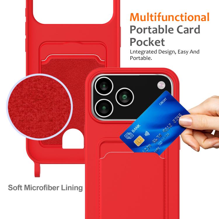Integrated Card Bag Solid Color Liquid Silicone Phone Case with Lanyard, For iPhone 18 Pro / 17 Pro, For iPhone 18 Pro Max / 17 Pro Max, For iPhone 17e / 16e, For iPhone 17, For iPhone Air, For iPhone 16 Pro Max, For iPhone 16 Pro, For iPhone 16 Plus  ...