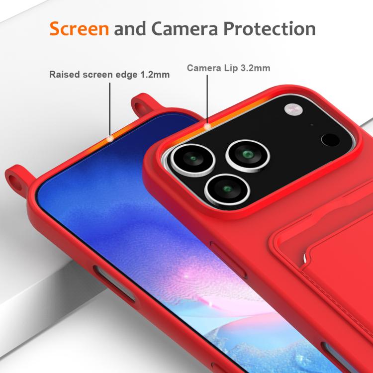 Integrated Card Bag Solid Color Liquid Silicone Phone Case with Lanyard, For iPhone 18 Pro / 17 Pro, For iPhone 18 Pro Max / 17 Pro Max, For iPhone 17e / 16e, For iPhone 17, For iPhone Air, For iPhone 16 Pro Max, For iPhone 16 Pro, For iPhone 16 Plus  ...