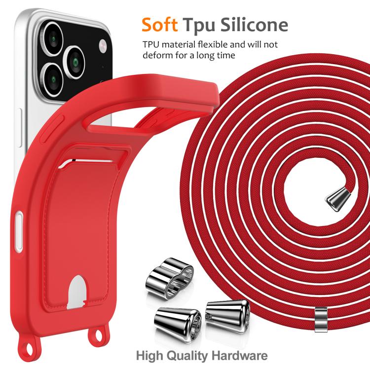 Integrated Card Bag Solid Color Liquid Silicone Phone Case with Lanyard, For iPhone 18 Pro / 17 Pro, For iPhone 18 Pro Max / 17 Pro Max, For iPhone 17e / 16e, For iPhone 17, For iPhone Air, For iPhone 16 Pro Max, For iPhone 16 Pro, For iPhone 16 Plus  ...