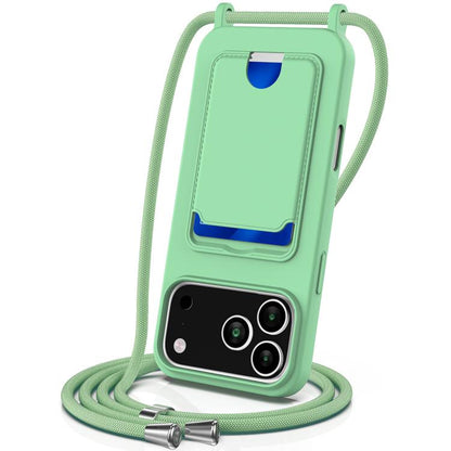 Integrated Card Bag Solid Color Liquid Silicone Phone Case with Lanyard, For iPhone 17e / 16e, For iPhone 17 Pro Max, For iPhone 17 Pro, For iPhone 17, For iPhone Air, For iPhone 16 Pro Max, For iPhone 16 Pro, For iPhone 16 Plus, For iPhone 16         ...