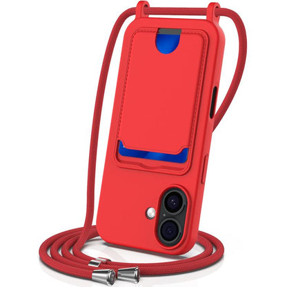 Integrated Card Bag Solid Color Liquid Silicone Phone Case with Lanyard, For iPhone 17e / 16e, For iPhone 17 Pro Max, For iPhone 17 Pro, For iPhone 17, For iPhone Air, For iPhone 16 Pro Max, For iPhone 16 Pro, For iPhone 16 Plus, For iPhone 16         ...