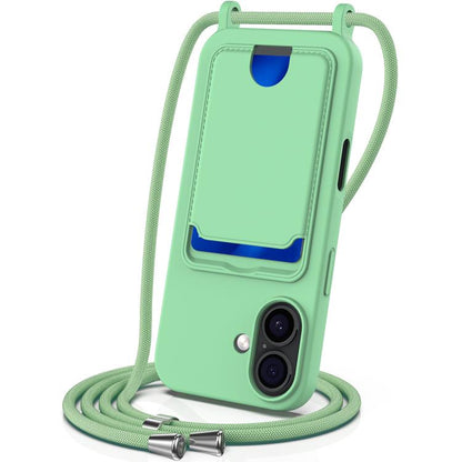 Integrated Card Bag Solid Color Liquid Silicone Phone Case with Lanyard, For iPhone 17e / 16e, For iPhone 17 Pro Max, For iPhone 17 Pro, For iPhone 17, For iPhone Air, For iPhone 16 Pro Max, For iPhone 16 Pro, For iPhone 16 Plus, For iPhone 16         ...