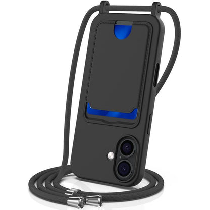 Integrated Card Bag Solid Color Liquid Silicone Phone Case with Lanyard, For iPhone 17e / 16e, For iPhone 17 Pro Max, For iPhone 17 Pro, For iPhone 17, For iPhone Air, For iPhone 16 Pro Max, For iPhone 16 Pro, For iPhone 16 Plus, For iPhone 16         ...