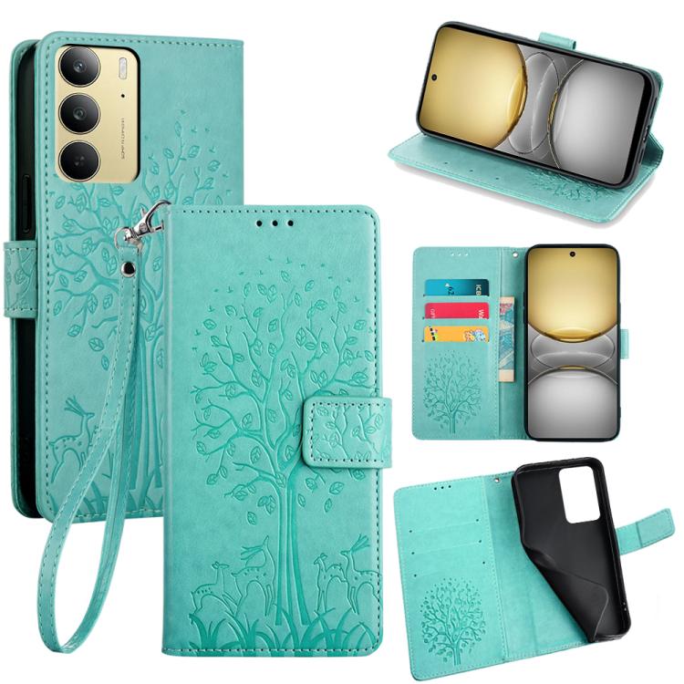 Tree & Deer Embossed Leather Phone Case, For Realme 14 Pro+ 5G, For Realme 14 Pro 5G Global, For Realme C75 4G / 14x 5G Global, For Realme C53 4G / Narzo N53 4G, For Realme Q3S