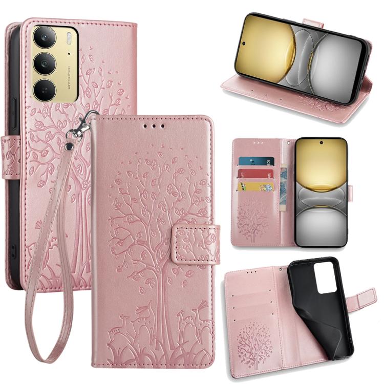Tree & Deer Embossed Leather Phone Case, For Realme 14 Pro+ 5G, For Realme 14 Pro 5G Global, For Realme C75 4G / 14x 5G Global, For Realme C53 4G / Narzo N53 4G, For Realme Q3S