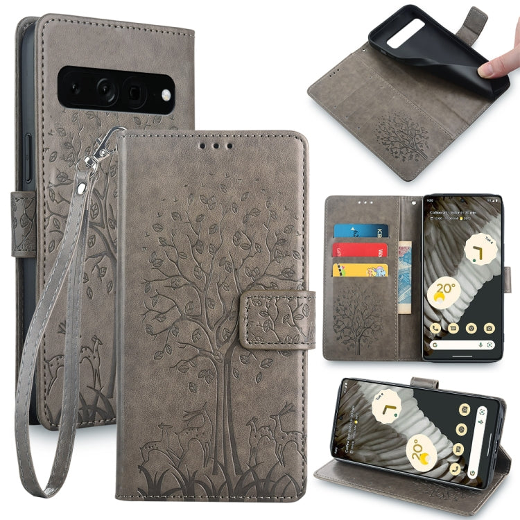 Tree & Deer Embossed Leather Phone Case, For Google Pixel 10a, For Google Pixel 7 Pro