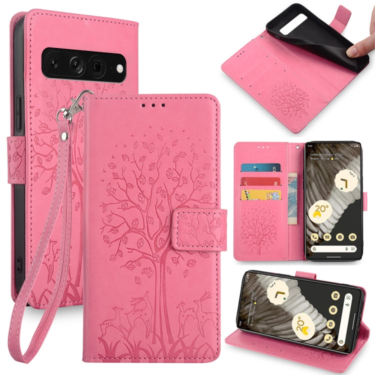 Tree & Deer Embossed Leather Phone Case, For Google Pixel 10a, For Google Pixel 7 Pro