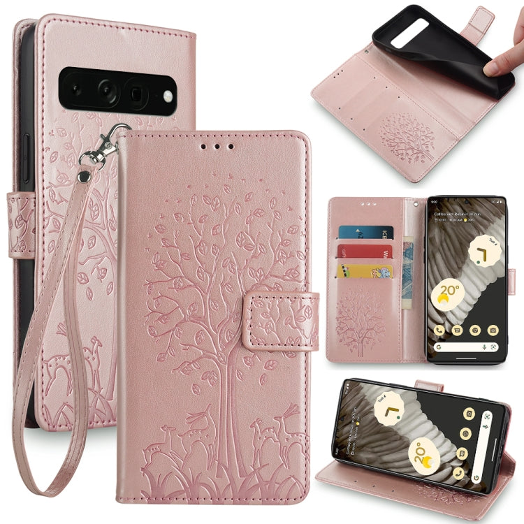 Tree & Deer Embossed Leather Phone Case, For Google Pixel 10a, For Google Pixel 7 Pro