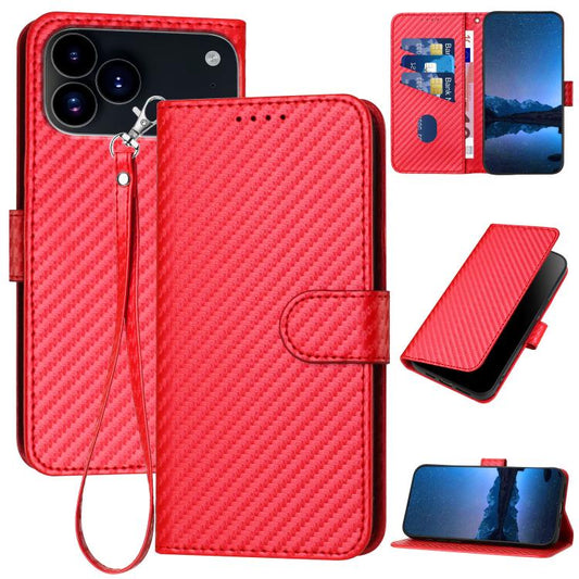 YX0070 Carbon Fiber Buckle Leather Phone Case with Lanyard, For iPhone 18 Pro / 17 Pro, For iPhone 18 Pro Max / 17 Pro Max, For iPhone 17e / 16e, For iPhone 17, For iPhone Air, For iPhone 16 Pro Max, For iPhone 16 Pro, For iPhone 16 Plus, For iPhone 16...