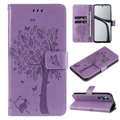 Tree & Cat Embossed Pattern Flip Leather Phone Case, For Realme 14x 5G Global, For Realme C65 4G