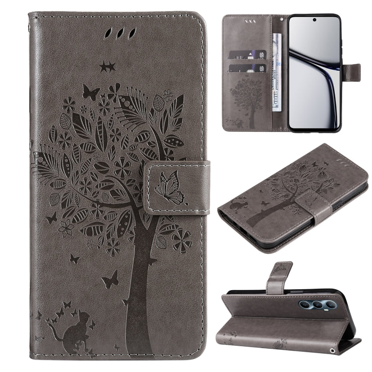 Tree & Cat Embossed Pattern Flip Leather Phone Case, For Realme 14x 5G Global, For Realme C65 4G