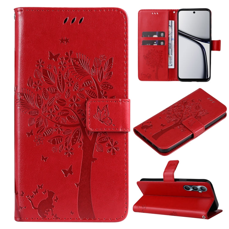 Tree & Cat Embossed Pattern Flip Leather Phone Case, For Realme 14x 5G Global, For Realme C65 4G