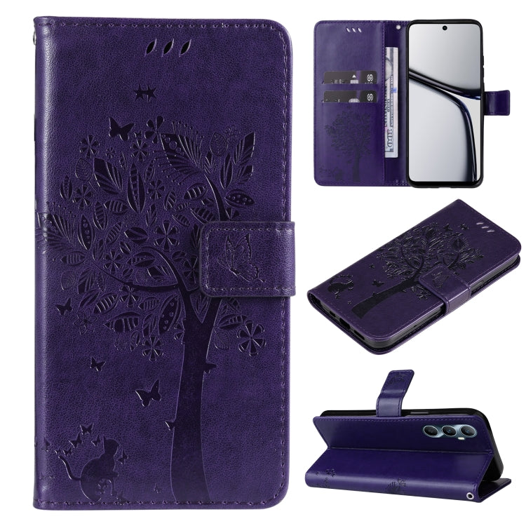 Tree & Cat Embossed Pattern Flip Leather Phone Case, For Realme 14x 5G Global, For Realme C65 4G