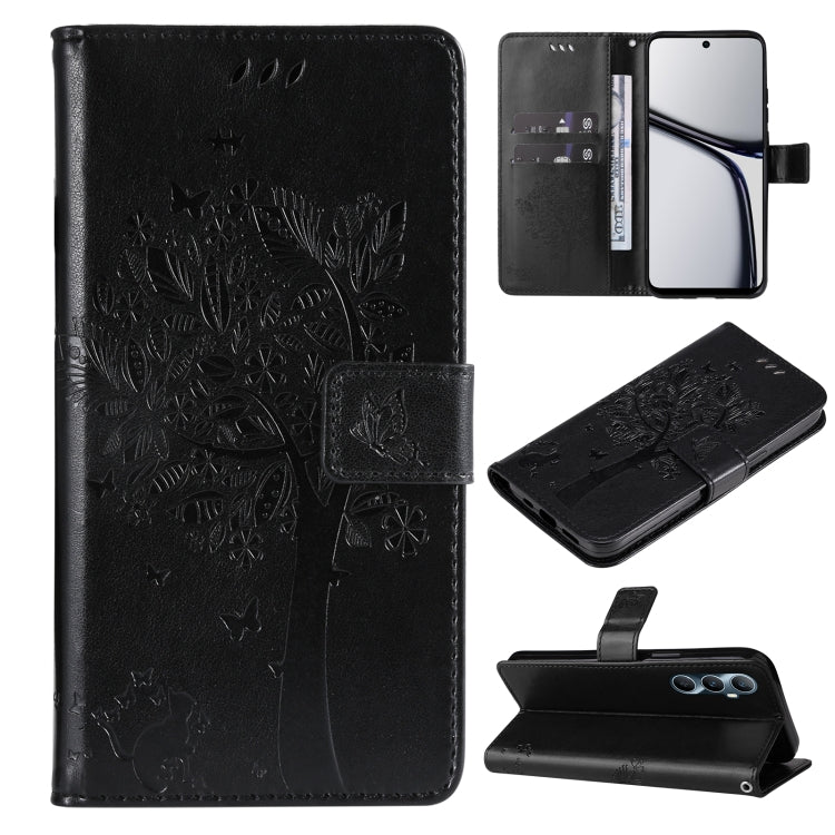 Tree & Cat Embossed Pattern Flip Leather Phone Case, For Realme 14x 5G Global, For Realme C65 4G
