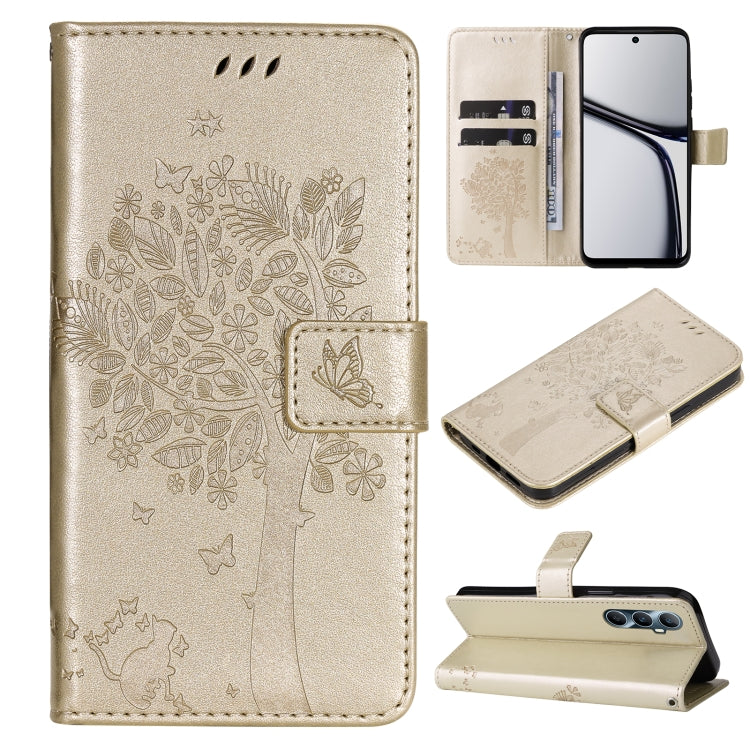 Tree & Cat Embossed Pattern Flip Leather Phone Case, For Realme 14x 5G Global, For Realme C65 4G