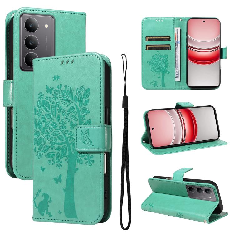 Tree & Cat Embossed Pattern Flip Leather Phone Case, For Realme 14x 5G Global, For Realme C65 4G