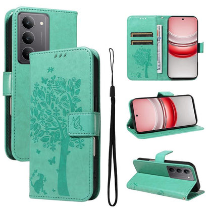 Tree & Cat Embossed Pattern Flip Leather Phone Case, For Realme 14x 5G Global, For Realme C65 4G
