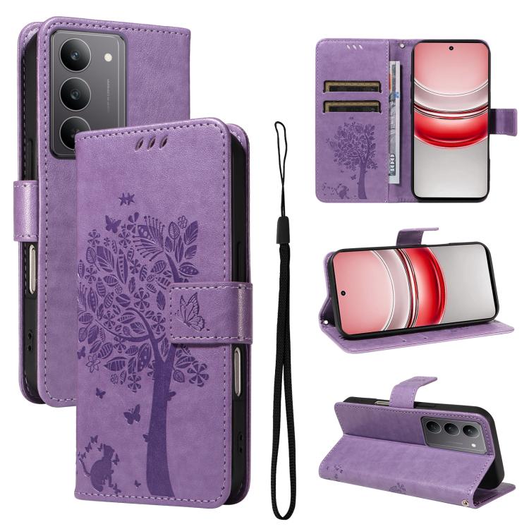 Tree & Cat Embossed Pattern Flip Leather Phone Case, For Realme 14x 5G Global, For Realme C65 4G