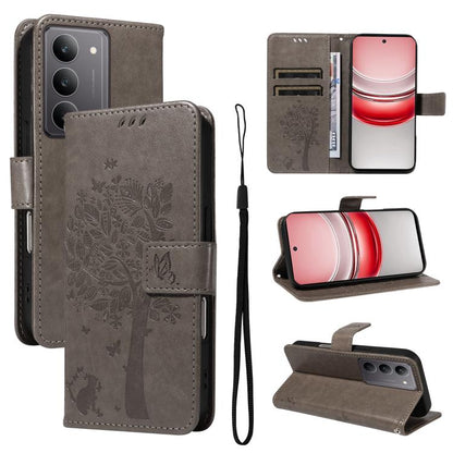 Tree & Cat Embossed Pattern Flip Leather Phone Case, For Realme 15 5G, For Realme 14x 5G Global, For Realme C65 4G