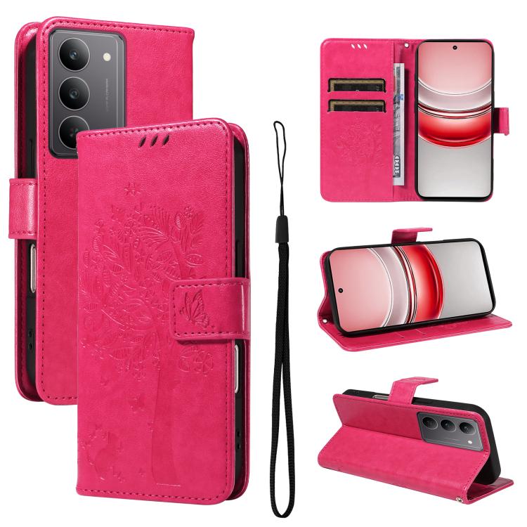 Tree & Cat Embossed Pattern Flip Leather Phone Case, For Realme 14x 5G Global, For Realme C65 4G