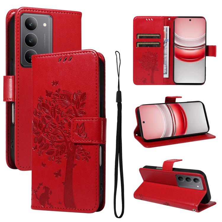 Tree & Cat Embossed Pattern Flip Leather Phone Case, For Realme 14x 5G Global, For Realme C65 4G