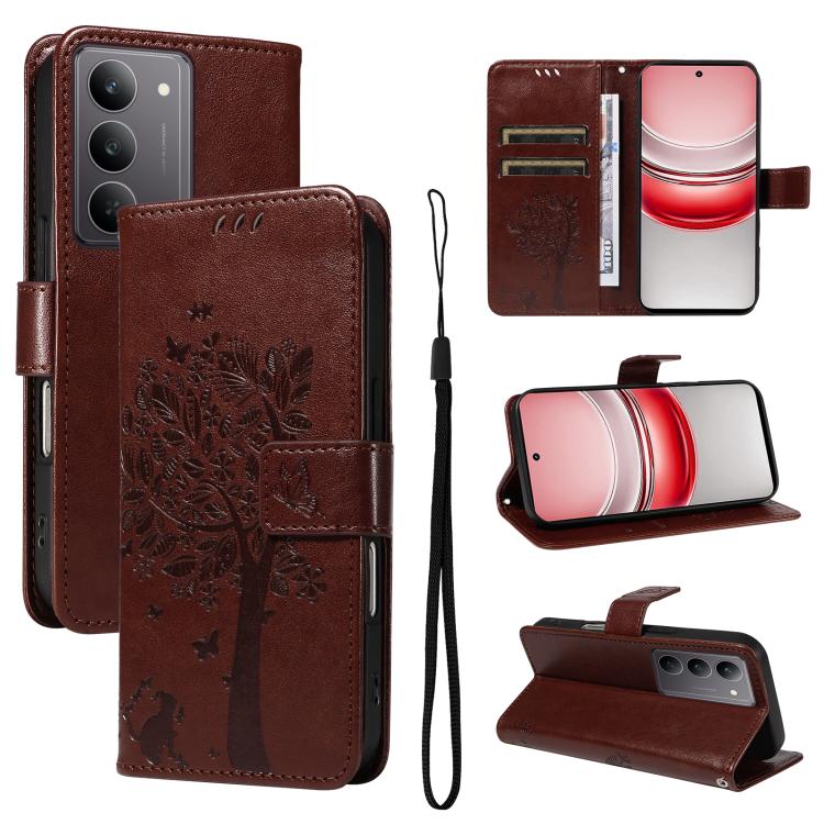Tree & Cat Embossed Pattern Flip Leather Phone Case, For Realme 14x 5G Global, For Realme C65 4G