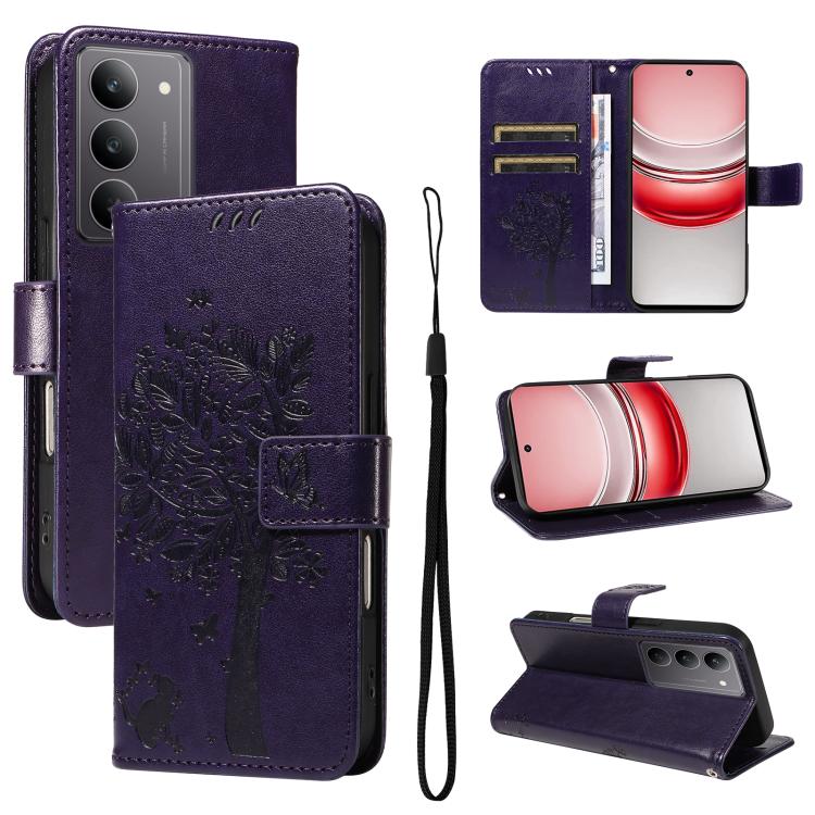 Tree & Cat Embossed Pattern Flip Leather Phone Case, For Realme 14x 5G Global, For Realme C65 4G