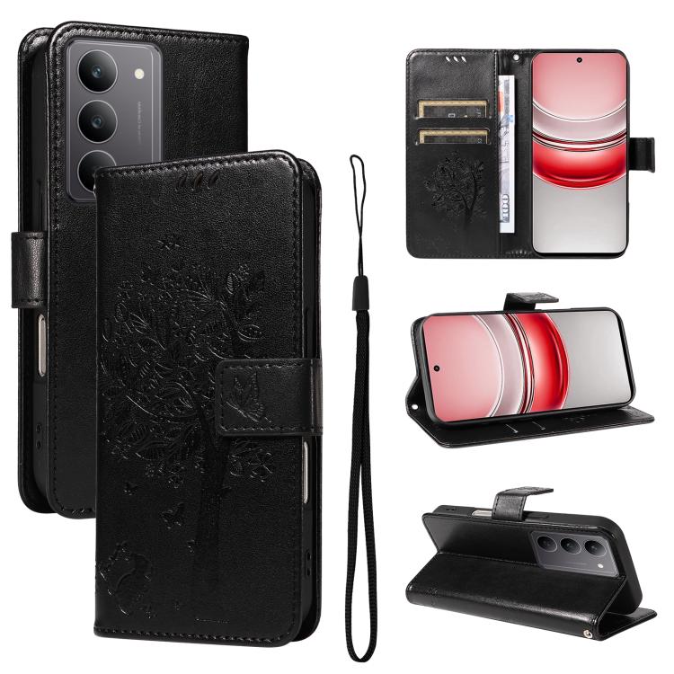 Tree & Cat Embossed Pattern Flip Leather Phone Case, For Realme 14x 5G Global, For Realme C65 4G