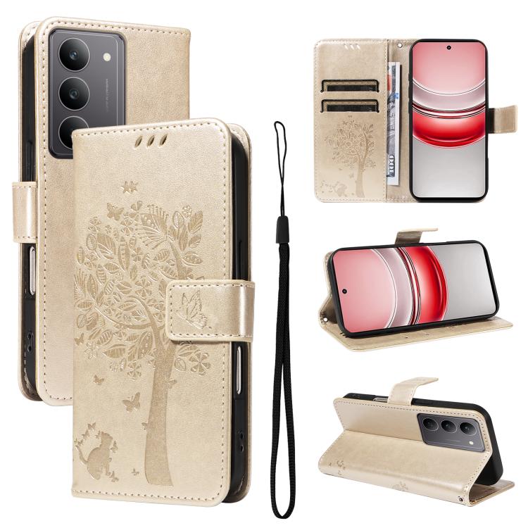Tree & Cat Embossed Pattern Flip Leather Phone Case, For Realme 14x 5G Global, For Realme C65 4G