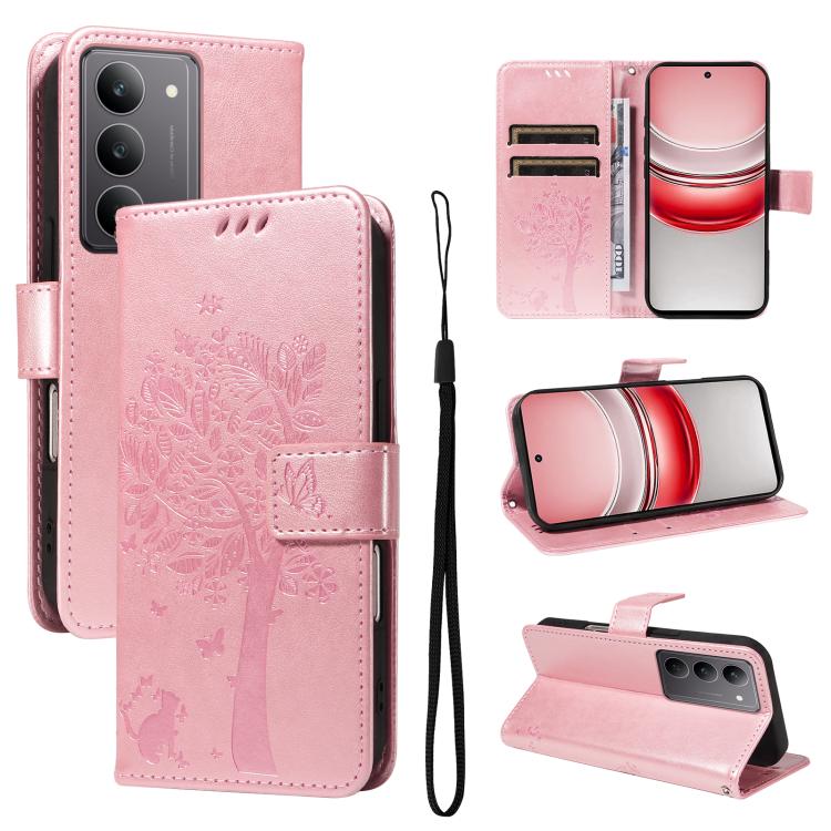 Tree & Cat Embossed Pattern Flip Leather Phone Case, For Realme 14x 5G Global, For Realme C65 4G