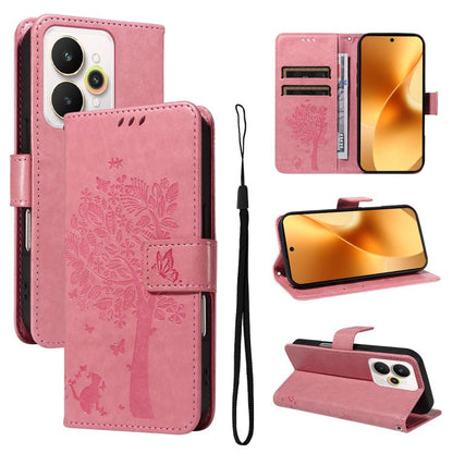 Tree & Cat Embossed Pattern Flip Leather Phone Case, For Realme 16T 5G, For Realme 16 Pro+ 5G Global, For Realme 16 Pro 5G Global, For Realme C85 5G/15X 5G India, For Realme C85 Pro 4G, For Realme 15T 5G, For Realme C71 4G India, For Realme 15 5G