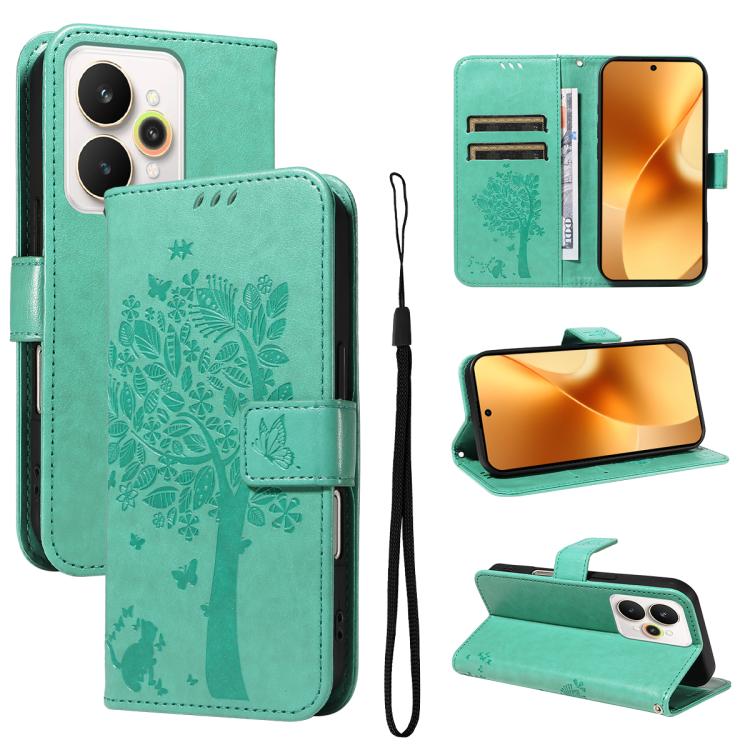 Tree & Cat Embossed Pattern Flip Leather Phone Case, For Realme 15 5G, For Realme 14x 5G Global, For Realme C65 4G