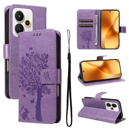 Tree & Cat Embossed Pattern Flip Leather Phone Case, For Realme 16T 5G, For Realme 16 Pro+ 5G Global, For Realme 16 Pro 5G Global, For Realme C85 5G/15X 5G India, For Realme C85 Pro 4G, For Realme 15T 5G, For Realme C71 4G India, For Realme 15 5G
