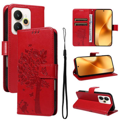 Tree & Cat Embossed Pattern Flip Leather Phone Case, For Realme 15 5G, For Realme 14x 5G Global, For Realme C65 4G