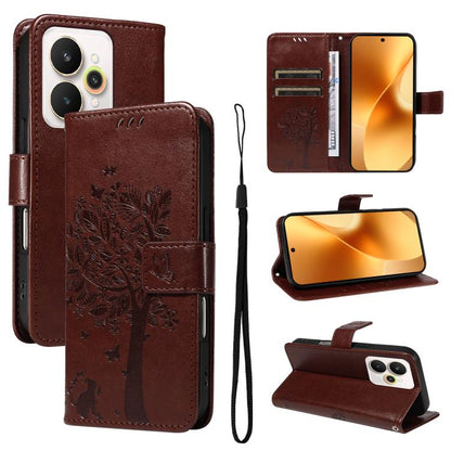 Tree & Cat Embossed Pattern Flip Leather Phone Case, For Realme 15 5G, For Realme 14x 5G Global, For Realme C65 4G